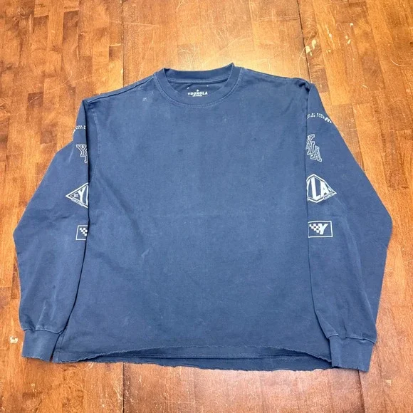 YoungLA Cars N Curls Racing Long Sleeve Shirt Navy Blue Raw Hem Mens Medium 8037 - Picture 2 of 8